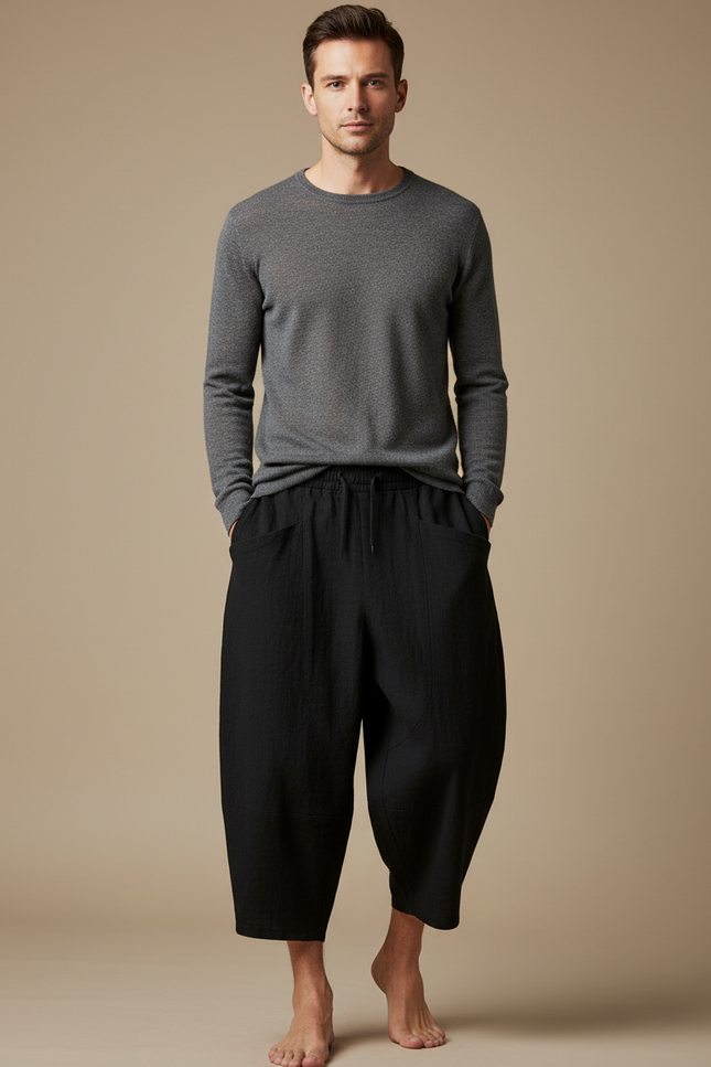 Pantalon Japonais Noir Coton Ample Cropped Homme