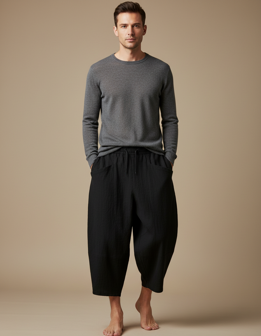 Pantalon Japonais Noir Coton Ample Cropped Homme