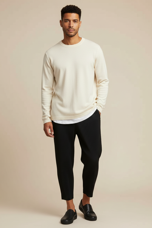 Pantalon Japonais Noir Plissé Droit Court Élégant - Polyester