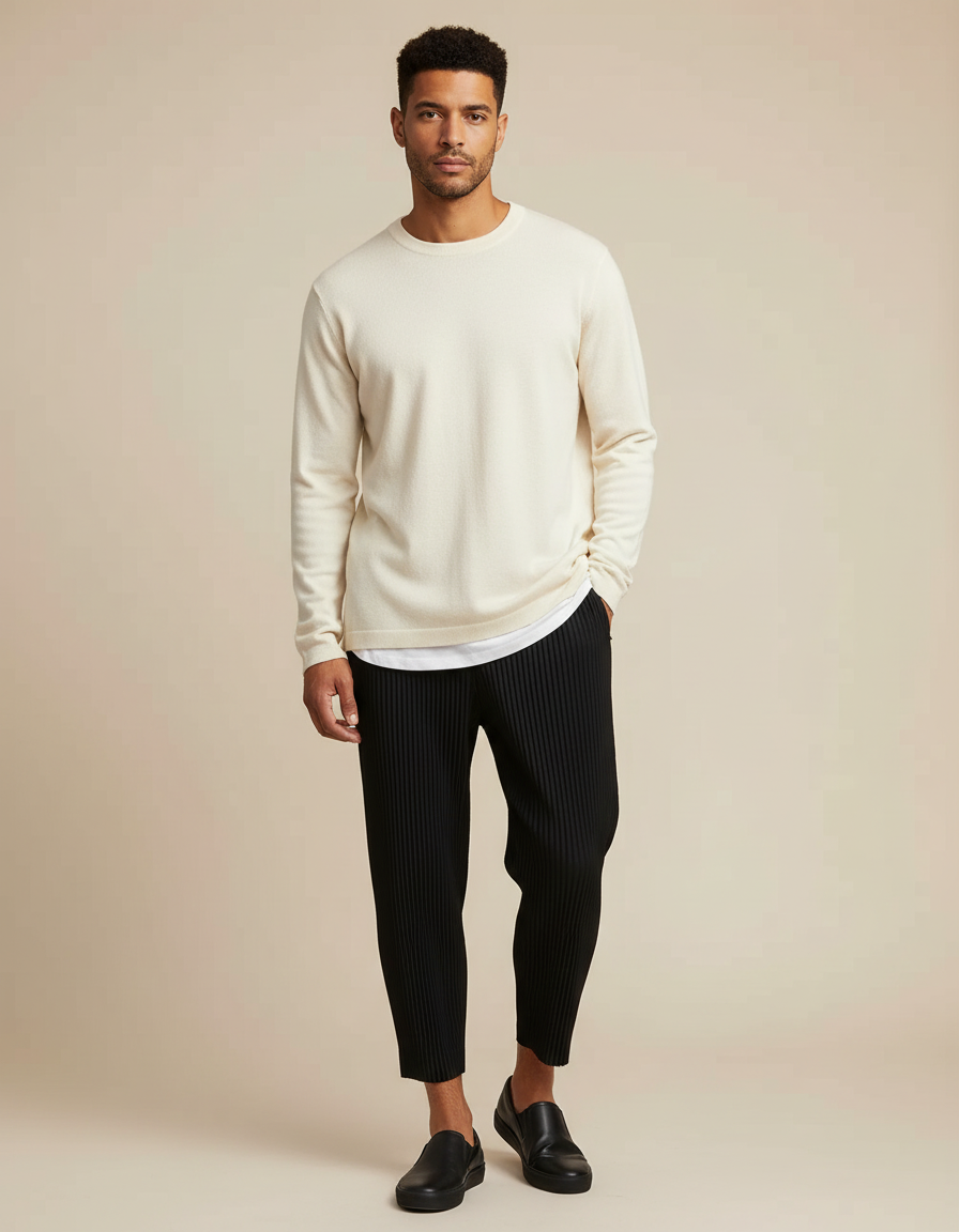 Pantalon Japonais Noir Plissé Droit Court Élégant - Polyester