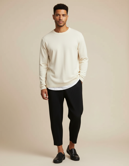 Pantalon Japonais Noir Plissé Droit Court Élégant - Polyester