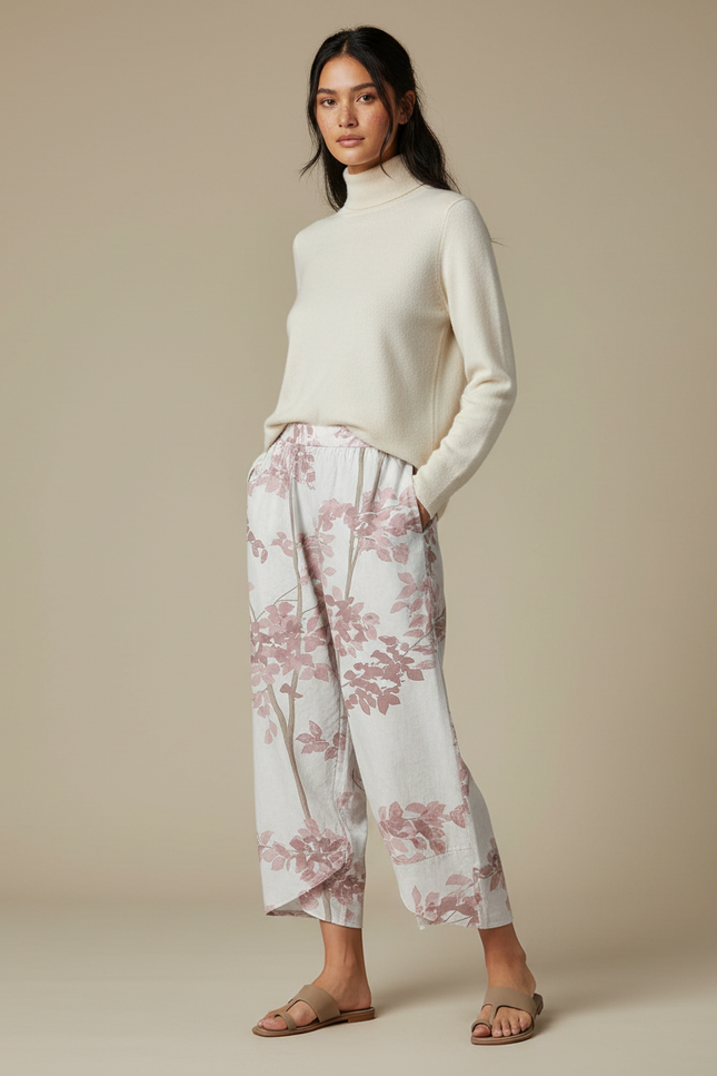 Pantalon Japonais Imprimé Floral Rose Ample Lin Coton