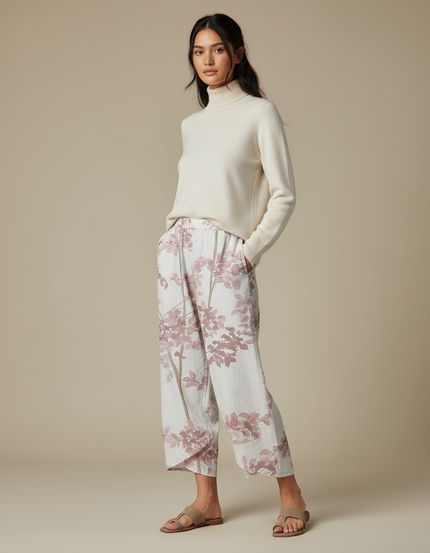 Pantalon Japonais Imprimé Floral Rose Ample Lin Coton