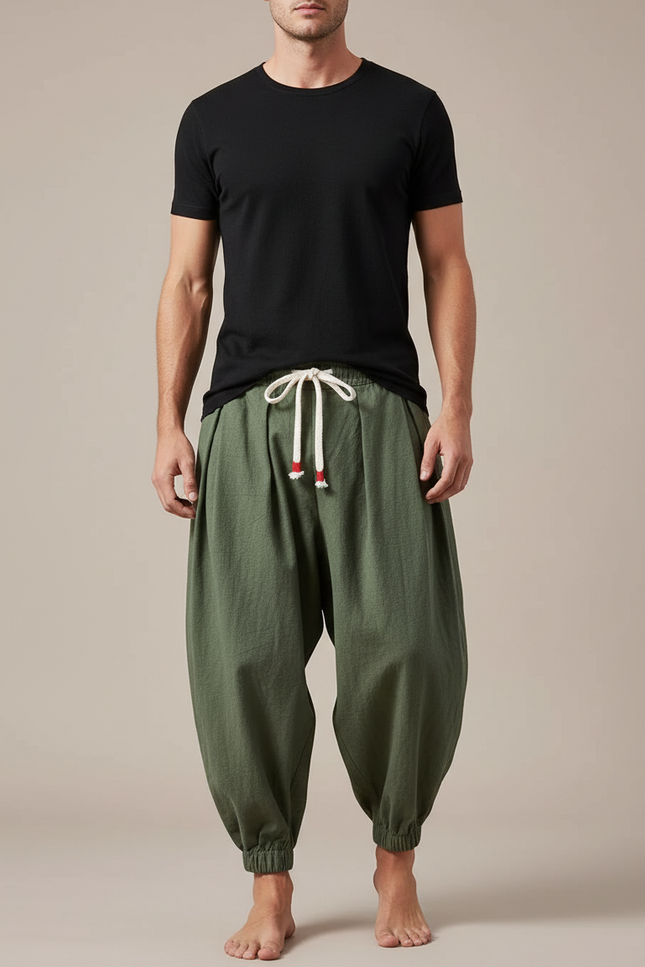 Pantalon Japonais Harem Vert Coton Lin Ample - Kaki