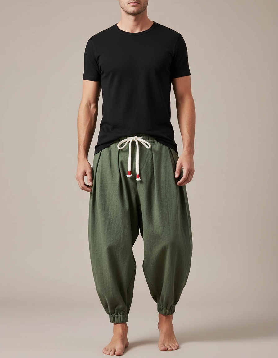 Pantalon Japonais Harem Vert Coton Lin Ample - Kaki
