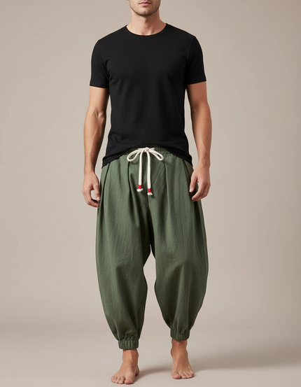 Pantalon Japonais Harem Vert Coton Lin Ample - Kaki