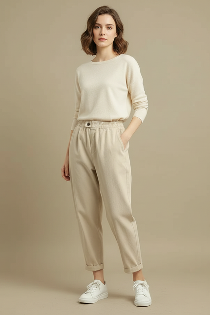Pantalon Japonais Beige Coton Ample Décontracté Femme