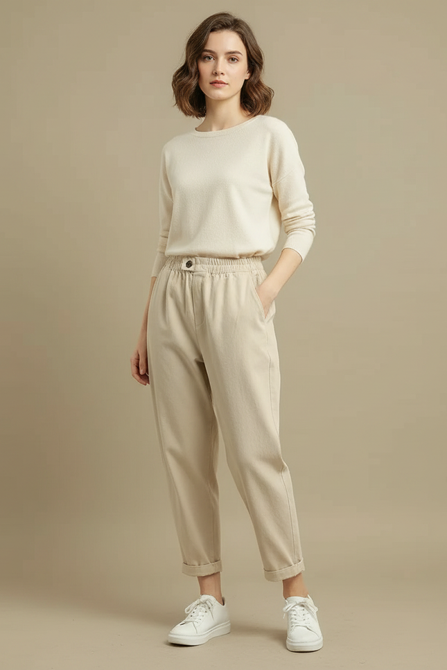 Pantalon Japonais Beige Coton Ample Décontracté Femme