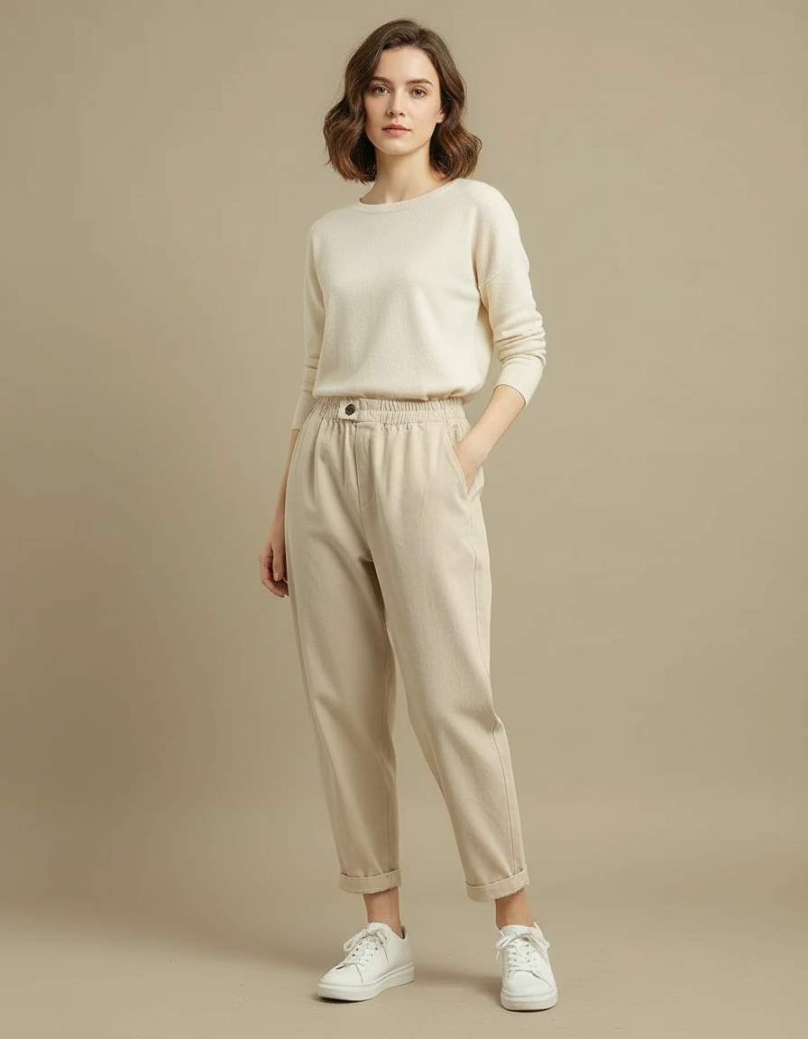 Pantalon Japonais Beige Coton Ample Décontracté Femme