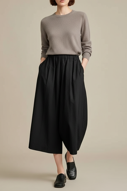 Pantalon Japonais Noir Fluide Ample Texturé Décontracté - Coton
