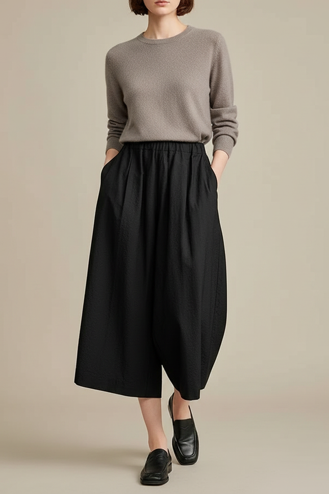 Pantalon Japonais Noir Fluide Ample Texturé Décontracté - Coton