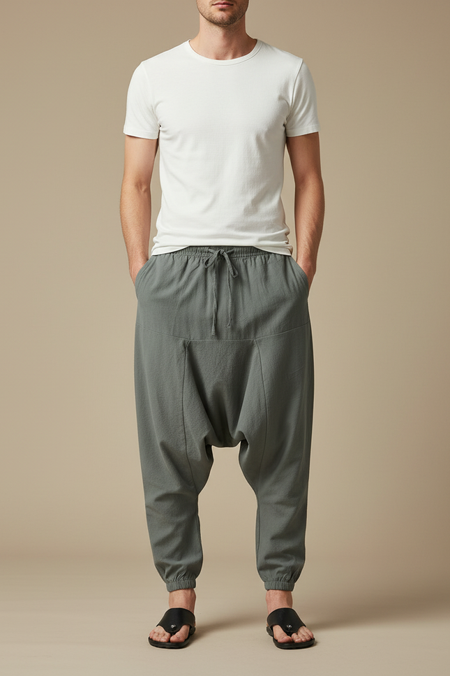 Pantalon Japonais Harem Coton Ample Gris Sport