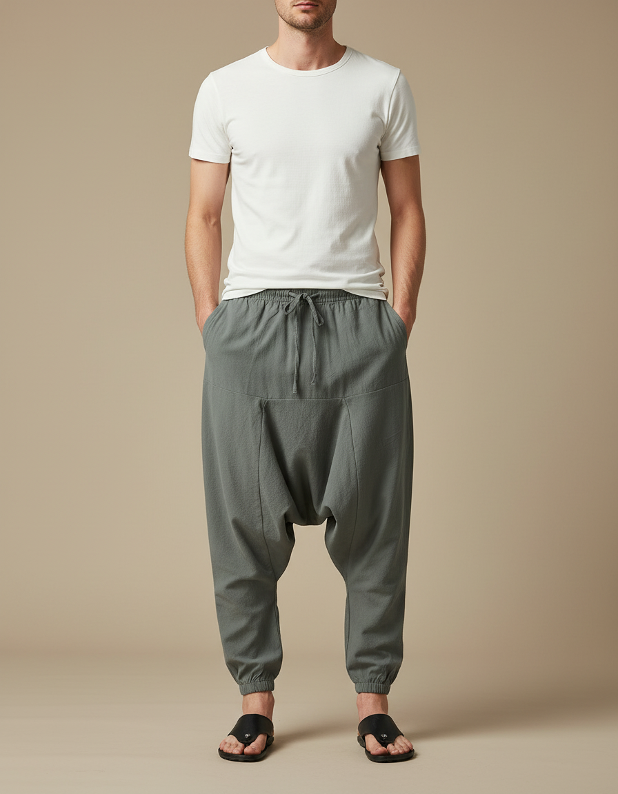 Pantalon Japonais Harem Coton Ample Gris Sport