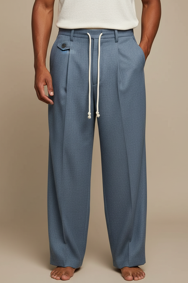 Pantalon Japonais Bleu Plissé Ample Décontracté Cordon - Laine