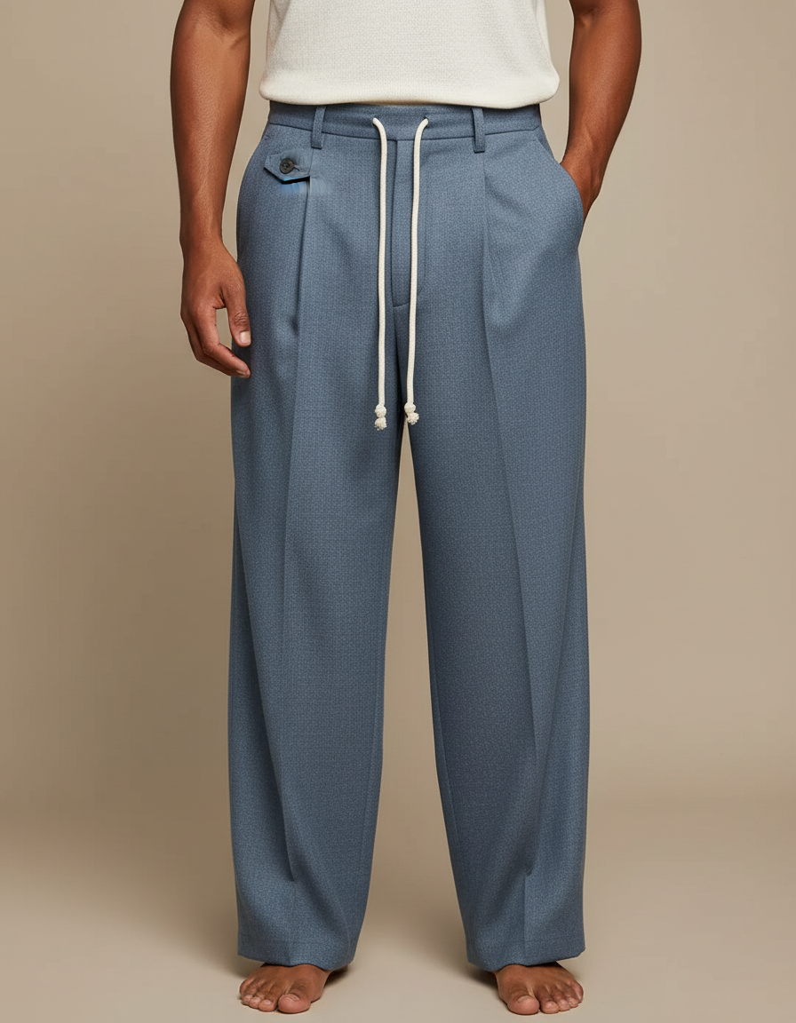 Pantalon Japonais Bleu Plissé Ample Décontracté Cordon - Laine