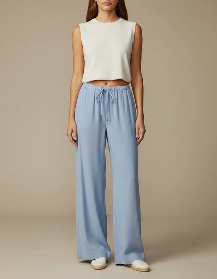 Pantalon Japonais Bleu Clair Fluide Ample Décontracté - Lin