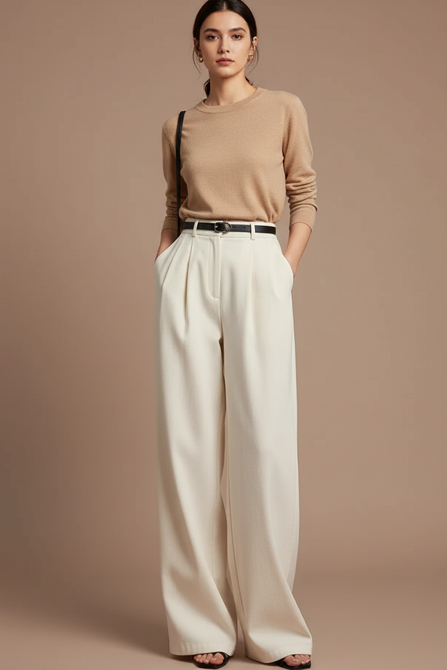 Pantalon Japonais Crème Ample Plissé Élégant Décontracté - Blanc Laine