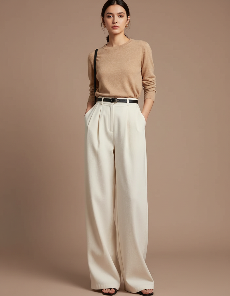 Pantalon Japonais Crème Ample Plissé Élégant Décontracté - Blanc Laine