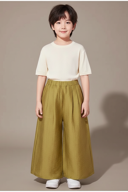 Pantalon Japonais Vert Ample Plissé Enfant - Kaki Lin