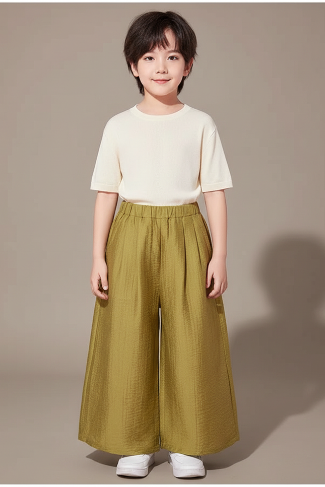 Pantalon Japonais Vert Ample Plissé Enfant - Kaki Lin