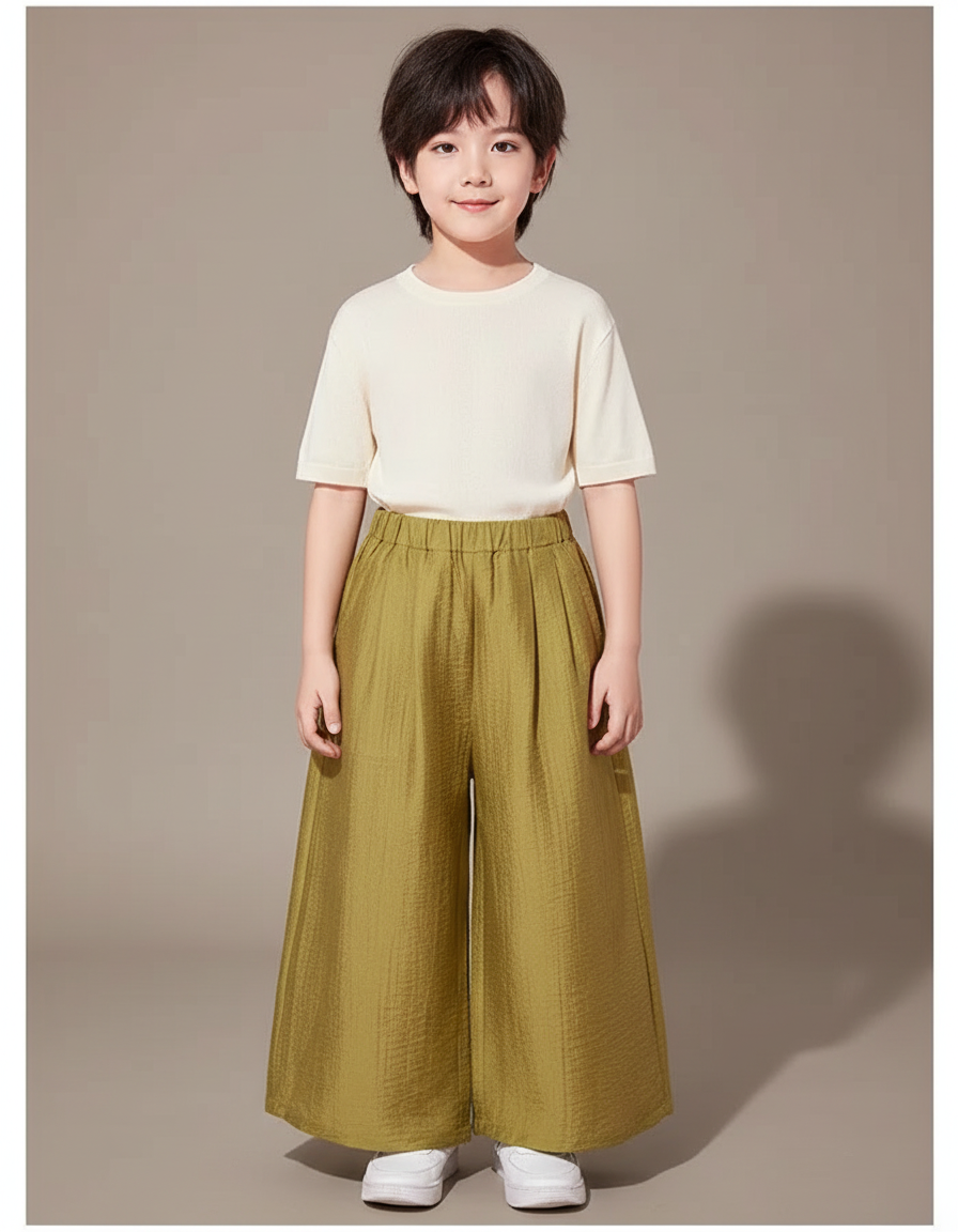 Pantalon Japonais Vert Ample Plissé Enfant - Kaki Lin
