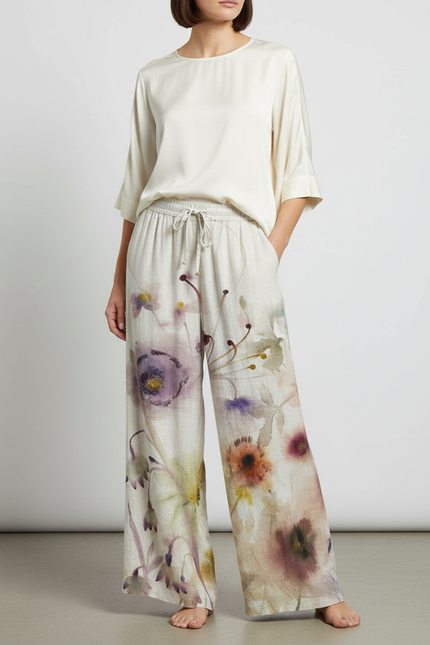 Pantalon Japonais Fluide Floral Ample Lin Décontracté - Multicolore