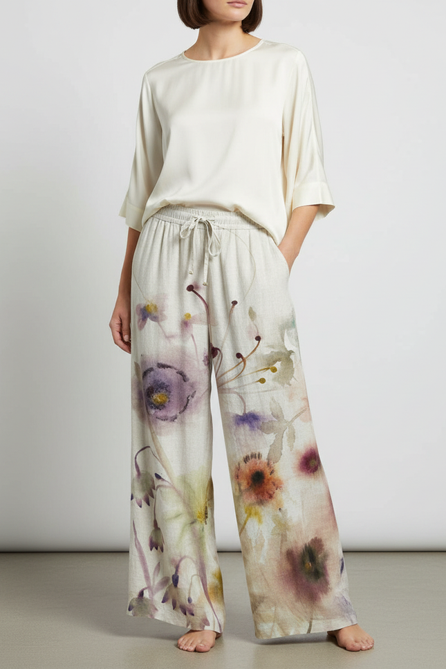 Pantalon Japonais Fluide Floral Ample Lin Décontracté - Multicolore