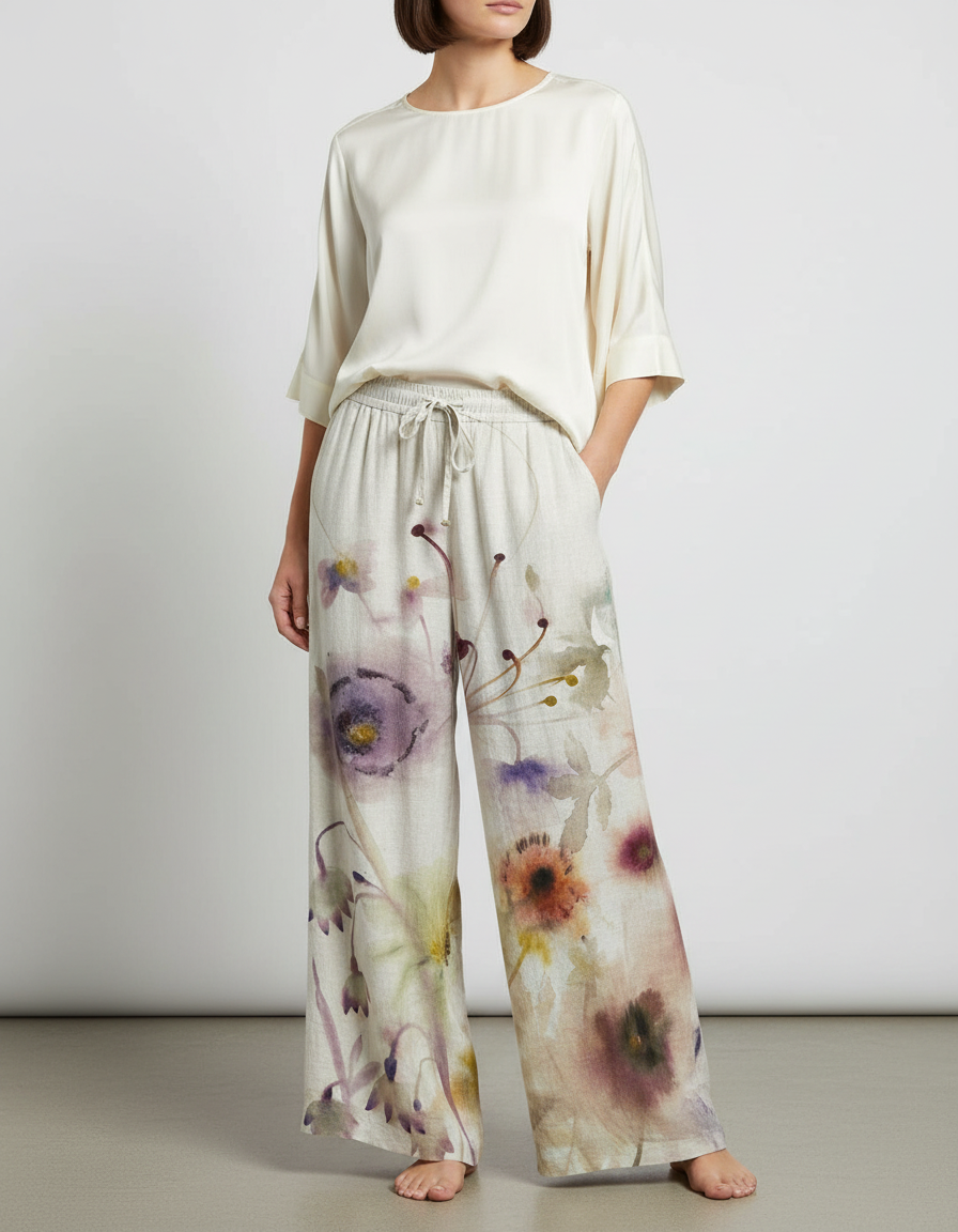 Pantalon Japonais Fluide Floral Ample Lin Décontracté - Multicolore