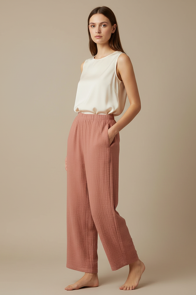 Pantalon Japonais Rose Crêpe Ample Confortable Estival - Coton