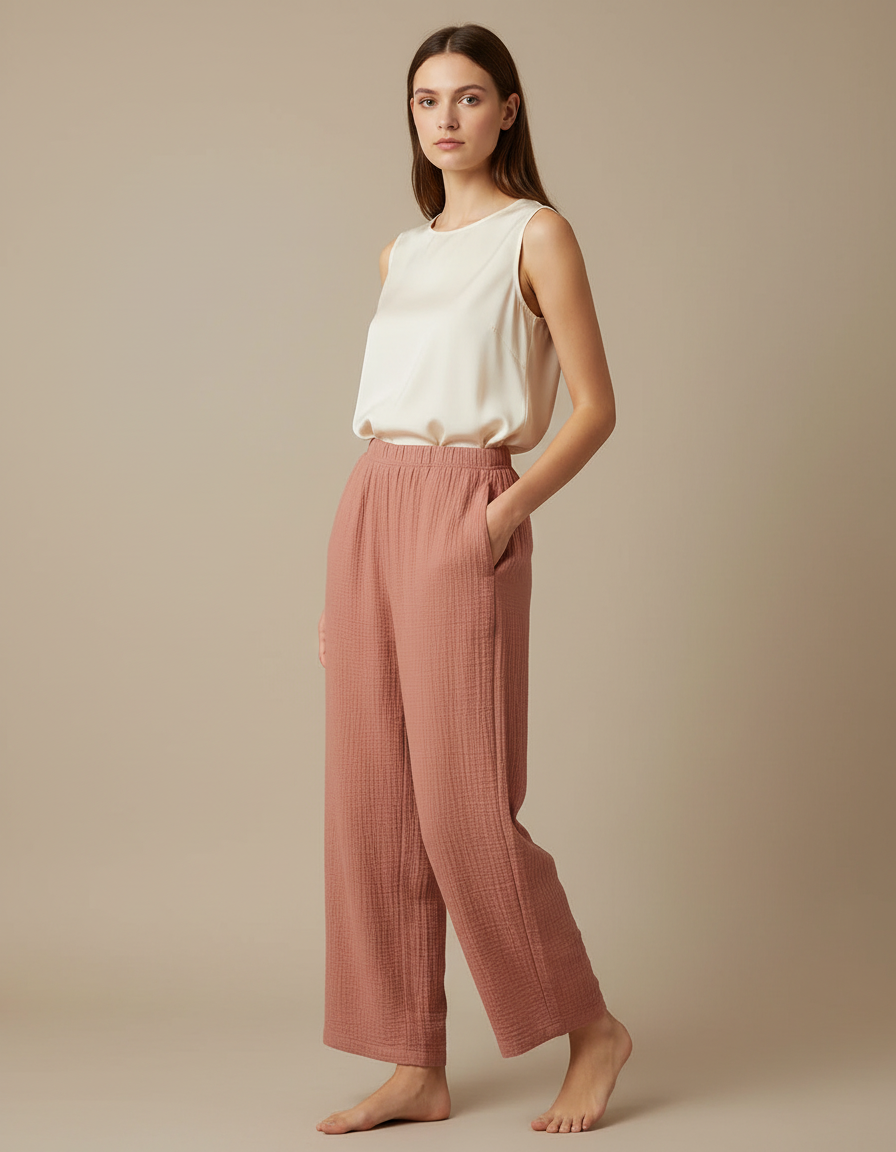 Pantalon Japonais Rose Crêpe Ample Confortable Estival - Coton