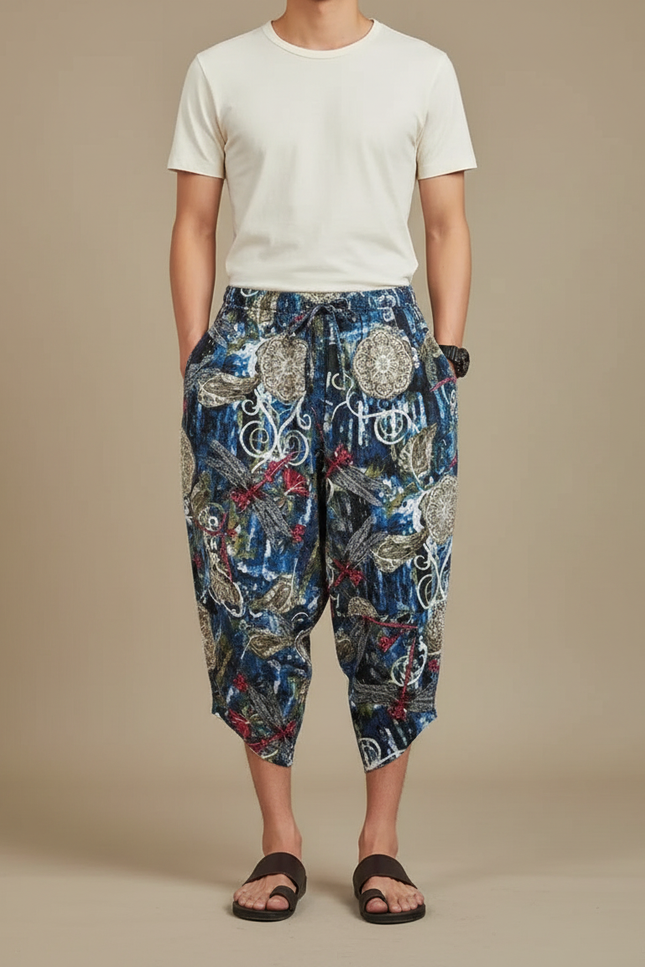 Pantalon Japonais Imprimé Sarouel Bleu Ample Décontracté Homme - Multicolore Lin