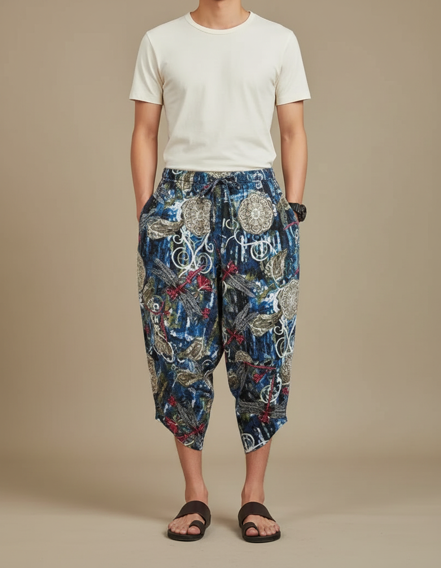 Pantalon Japonais Imprimé Sarouel Bleu Ample Décontracté Homme - Multicolore Lin