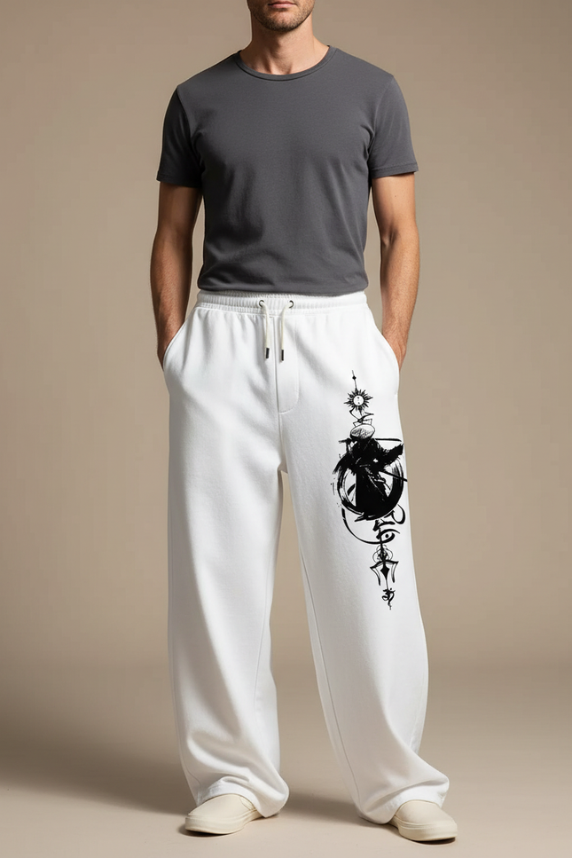 Pantalon Japonais Blanc Ample Imprimé Samouraï Décontracté - Molleton