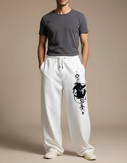 Pantalon Japonais Blanc Ample Imprimé Samouraï Décontracté - Molleton