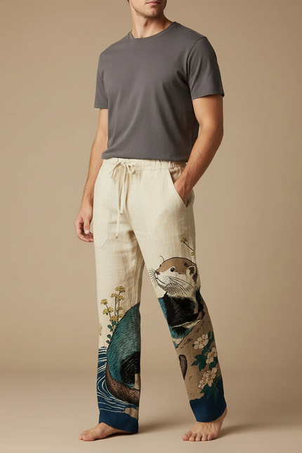 Pantalon Japonais Lin Ample Imprimé Loutre Décontracté Homme