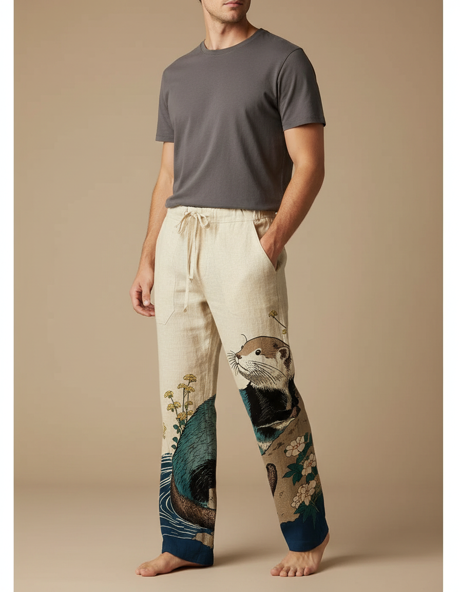 Pantalon Japonais Lin Ample Imprimé Loutre Décontracté Homme