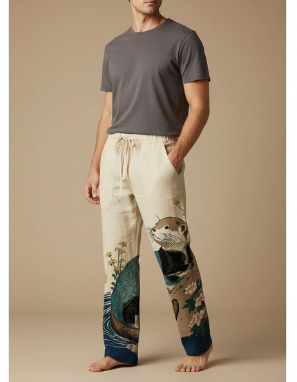 Pantalon Japonais Lin Ample Imprimé Loutre Décontracté Homme