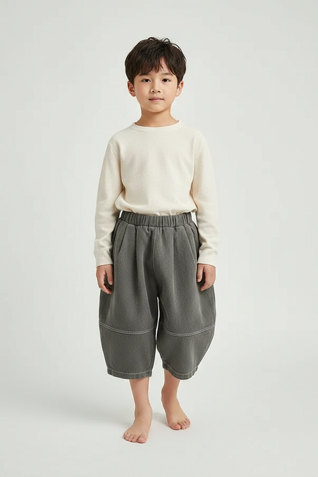 Pantalon Japonais Gris Ample Molletonné Enfant Décontracté Harem