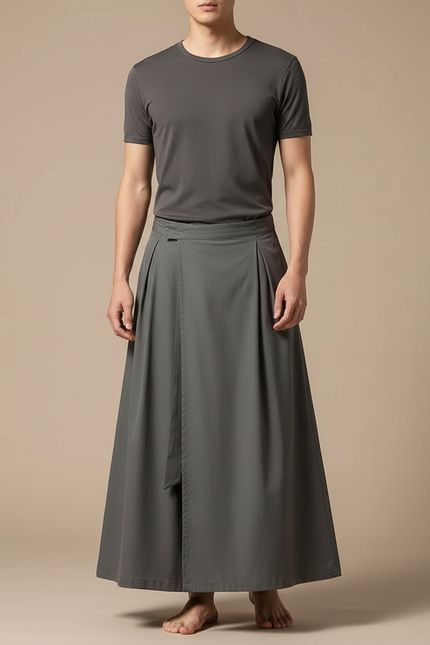 Pantalon Japonais Gris Ample Fluide Ceinturé Coton