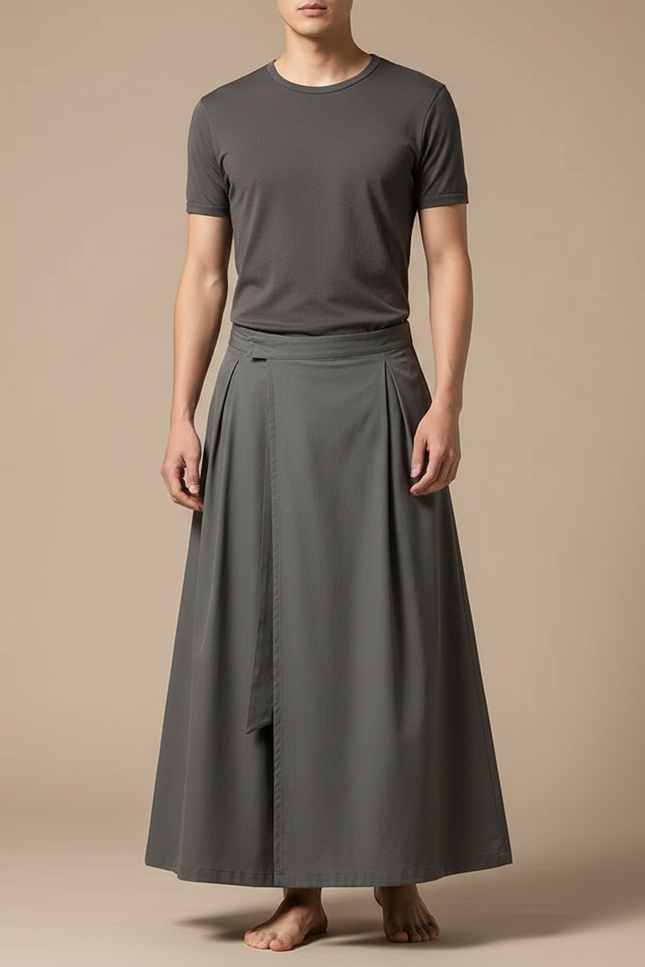 Pantalon Japonais Gris Ample Fluide Ceinturé Coton
