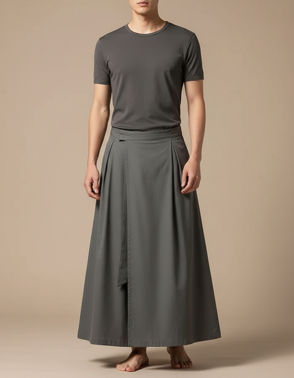 Pantalon Japonais Gris Ample Fluide Ceinturé Coton