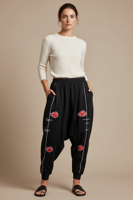 Pantalon Japonais Noir Ample Akatsuki Décontracté Femme - Molleton