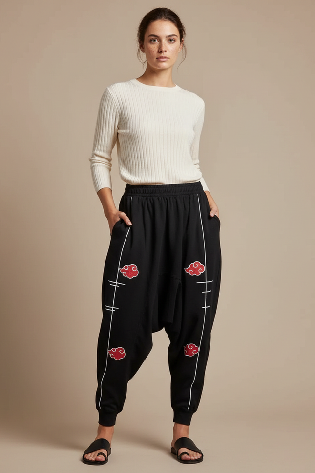 Pantalon Japonais Noir Ample Akatsuki Décontracté Femme - Molleton