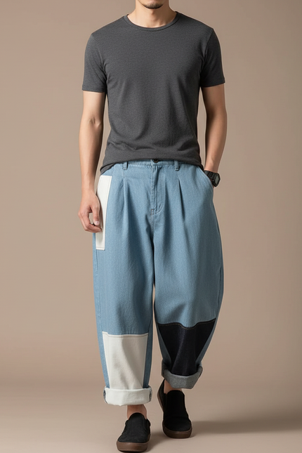 Pantalon Japonais Patchwork Denim Ample Décontracté Homme - Multicolore Jean