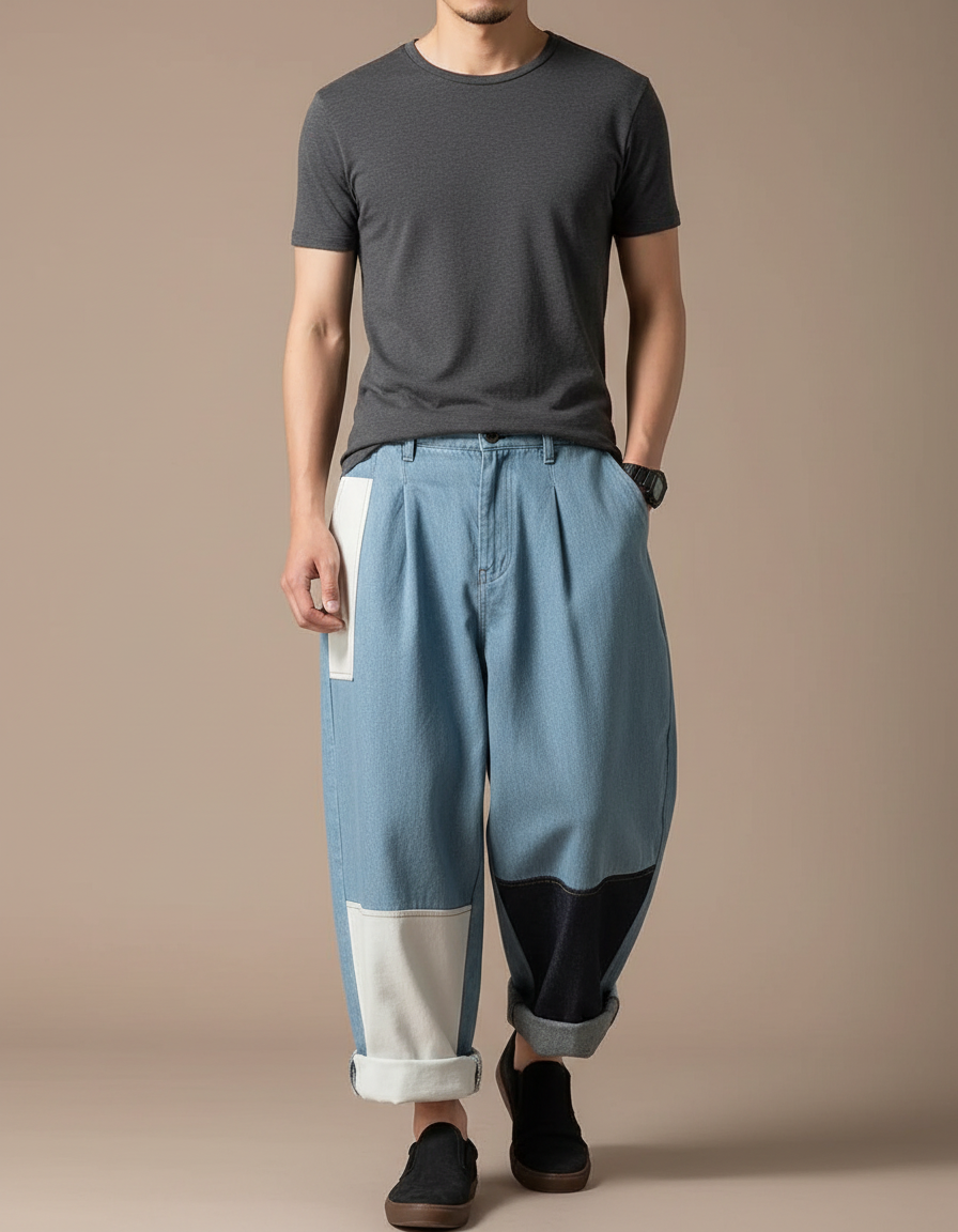 Pantalon Japonais Patchwork Denim Ample Décontracté Homme - Multicolore Jean