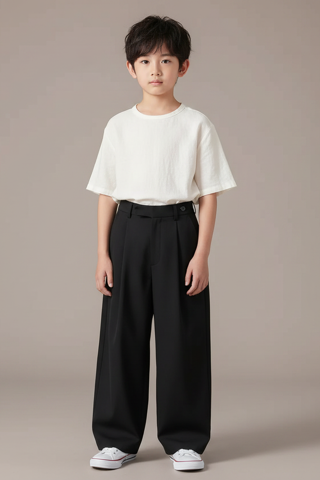 Pantalon Japonais Noir Ample Plissé Décontracté Garçon - Polyester