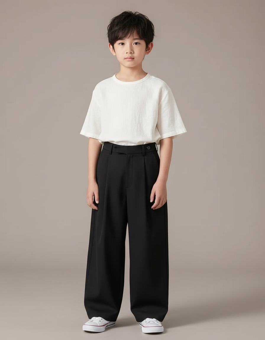 Pantalon Japonais Noir Ample Plissé Décontracté Garçon - Polyester