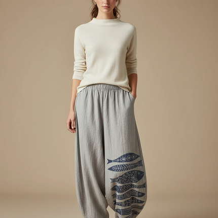 Pantalon Japonais Gris Ample Motifs Poissons Bohème - Lin