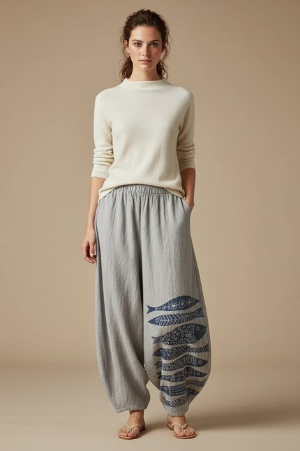 Pantalon Japonais Gris Ample Motifs Poissons Bohème - Lin