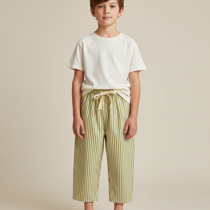 Pantalon Japonais Rayé Vert Ample Coton Enfant Décontracté